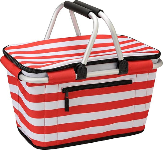 SIYUAN Picnic Basket with Handles 30L Leakproof Insulated Cooler Stripped Grocery Shopping Market Tote for Family Red White