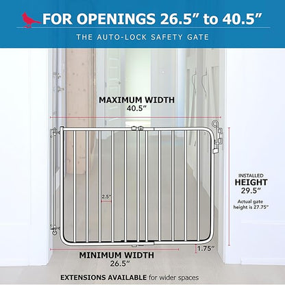 Cardinal Gates MG15 Auto-Lock Baby Gate - Adjustable Indoor Dog Gate - Aluminum Safety Gate for Kids & Pets - 26.5 to 40.5 Inches Wide - White