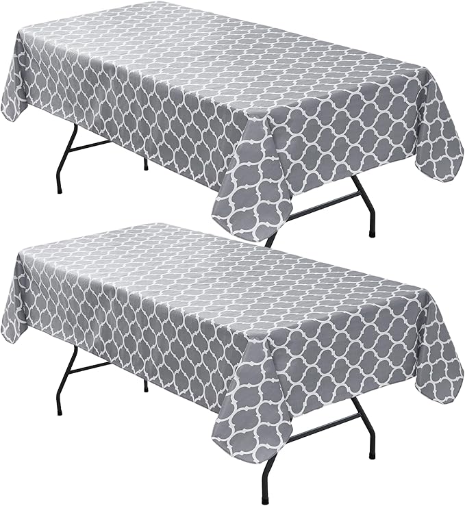 Nasitos 2 Pack Plastic Vinyl Tablecloth with Flannel Backed 60x102 Inch Moroccan Grey