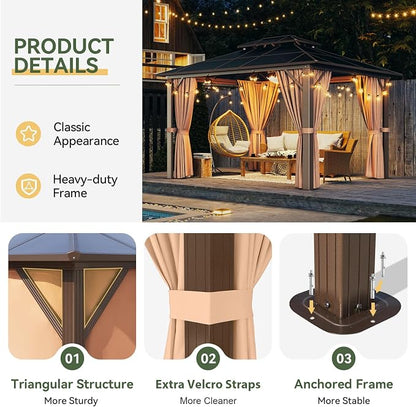 Aoxun 12'x10' Gazebo with Polycarbonate Double Roof, Light Brown | Metal Frame - Image 4