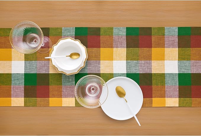 Solino Home Linen Checkered Table Runner 120 Inches Long - 100% Pure Linen Buffalo Check Fall Multicolor Table Runner 14 x 120 Inch Ideal for Dining