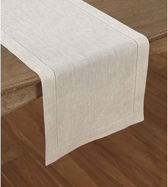 Solino Home Linen Light Natural Table Runner 72 Inches Long - 100% Pure Linen 16 x 72 Inch Table Runner for Spring, Easter - Classic Hemstitch