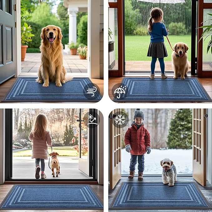 Buganda Front Door Mat Indoor Outdoor Entrance, Non-Slip Natural Rubber Doormats, Easy Clean, Low Profile, Dirt Trapper Entryway Floor Mats for Outside, Garages and Patios, 29.5x17, Light Blue