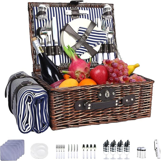 Neti Neti Wicker Picnic Basket for 4 with Insulated Cooler & Waterproof Blanket – Large Willow Picnic Hamper for Outdoor, Camping, Beach, Romantic Dates, Valentine’s Day