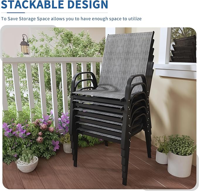 Patio Chairs Set of 6, Outdoor Stackable Dining Chairs | All Weather Textilene - Image 3