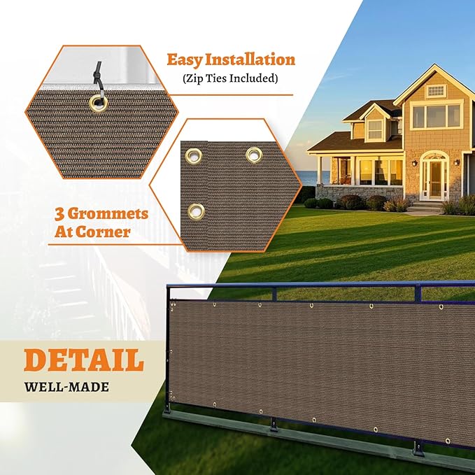 2.5' x 73' Balcony Privacy Screen Fence Cover with Zip Ties Grommets for Apartment Patio Porch Deck Backyard Outdoor (Brown)