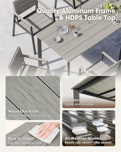 Outdoor Patio Dining set for 4，Aluminum & HDPS 5 Piece Patio Table and Chairs Set with Umbrella Hole, Modren Rectangular Patio Furniture Set with All-weather Table and 4 chairs (Classic Gray)