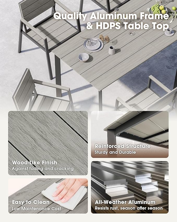 Patio Outdoor Dining Set for 6, Aluminum 7 Piece HDPS Patio Table and Chairs Set with Umbrella Hole, Modren Rectangular Patio Furniture Set with All-Weather Table and 6 Chairs (Classic Gray)