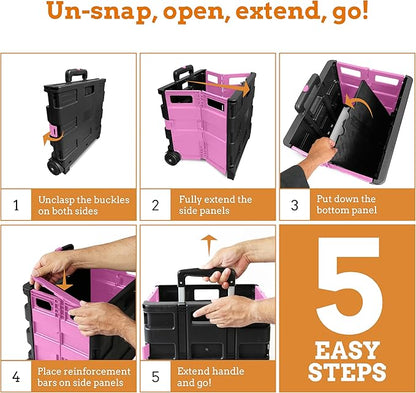 Inspired Living Ultra-Slim Rolling Collapsible Storage Pack-N-Roll Utility-carts, with Telescopic Handle, for Home, Garden, Shopping, Office, School use, Medium, Pink & Black