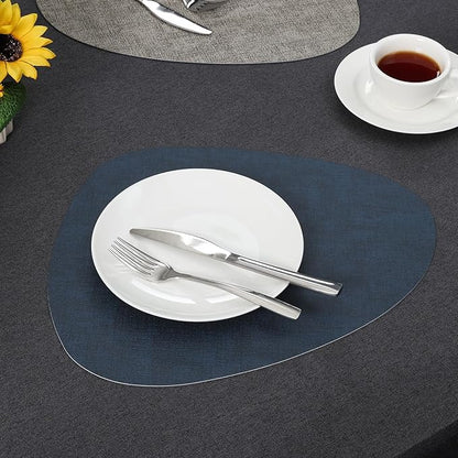 Placemats and Coasters, Washable Reversible Placemats Round Faux Leather Wipeable Place Mats Non Slip Heat Resistant Indoor Outdoor Table Mats (Set of 4, Gray Blue)