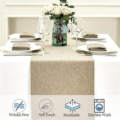 Mebakuk Linen Farmhouse Table Runner Large Burlap Style Soft and Waterproof Decorative Fabric Runner for Outdoor Wedding and Dinner (14 x 36 Inch, Mocha)