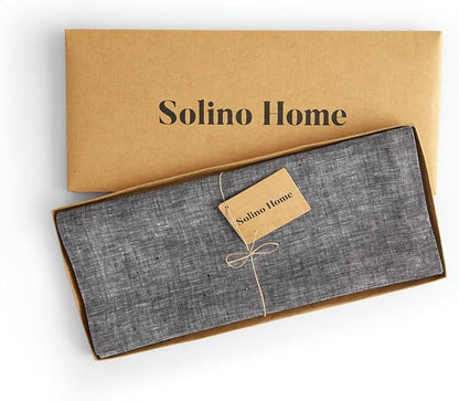 Solino Home Linen Table Runner 132 Inches Long - Athena, 100% Pure Linen Chambray Black 14 x 132 Inch Table Runner for Dining