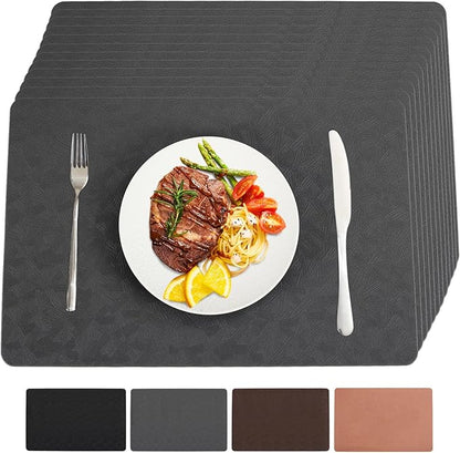 Vinyl Placemats Set of 12 Heat Resistant Easy Clean Non-Slip Place Mats for Dining Table. Faux Leather Waterproof Stain Resistant Wipeable Washable PU Table Mats(12, Gray)