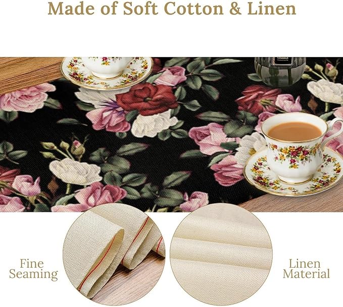 Gothic Floral Table Runner,Vintage Pink Red Rose Flower Print Table Runner for Kitchen Dining Table Indoor Outdoor Home Party Decor,Black 13x70in