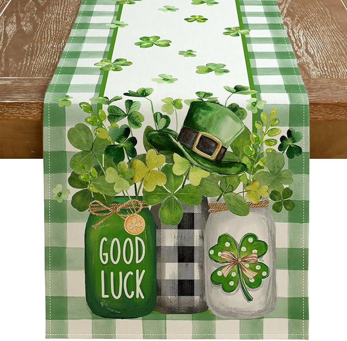GEEORY St. Patrick's Day Table Runner 13 x 90 Inch, Shamrocks Plaid Mason Jar Decorative Holiday Table Decoration for Kitchen Dinning, Indoor Outdoor Dinner Party Décor GT142-90