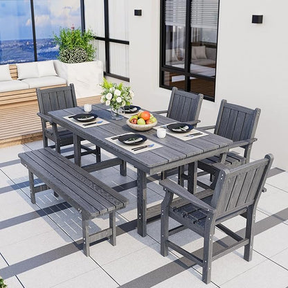 Pamapic 6 PCS Outdoor Dining Set, Spacious HDPE Outdoor Table with 4 Chairs and 1 Bench, Wood Grain Patio Furniture Sets with Elegant Armrest, All-Weather Patio Dining Table with Umbrella Hole, Gray