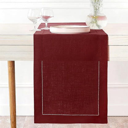 D'Moksha Homes Linen Dark Red Table Runner 84 Inches Long - 100% Pure Linen Table Runner 14 x 84 Inch for Valentines, Spring - Classic Hemstitch