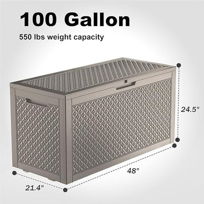 New 100 Gallon Outdoor Storage Box – Resin Deck Box with Lockable Lid, Waterproof Patio Furniture Storage for Tools, Garden & Yard Organization (Grey)