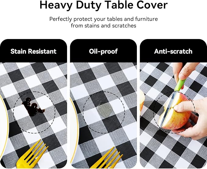 Romanstile Rectangle Vinyl Tablecloth, 100% Waterproof Buffalo Gingham Plastic Table Cloth, Heavy Duty Wipeable Checkered Table Covers for Outdoor, Camping, Picnic, Patio - 54 x 120, Black and White