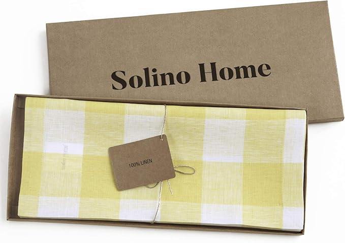 Solino Home Linen Checkered Table Runners 72 Inches Long - 100% Pure Linen Yellow and White Buffalo Check Table Runner 14 x 72 Inch Ideal for Dresser, Dining, Spring, Easter