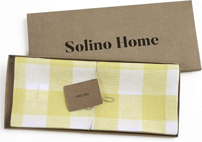 Solino Home Linen Checkered Table Runner 60 Inches - 100% Pure Linen Yellow and White Buffalo Check Table Runner 14 x 60 Inch Ideal for Dresser and Coffee Tables, Spring, Easter