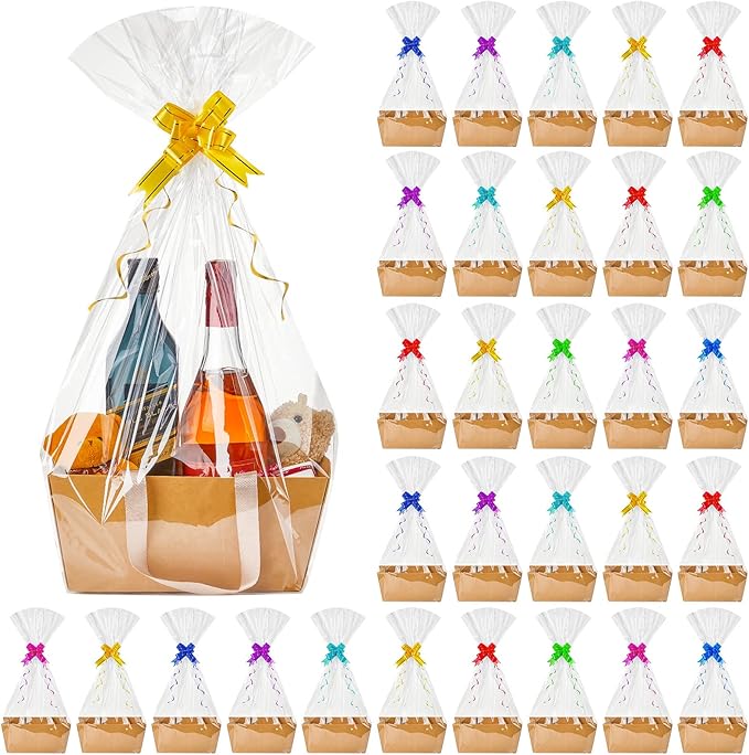 Tuanse 30 Pcs Basket for Gift Empty DIY Bulk Gift Basket Kit with Handle Kraft Cardboard Tray with 30 Bag 30 Bow Market Tray for Wedding Party(Brown,9.8 x 6.5 x 4.3 in)