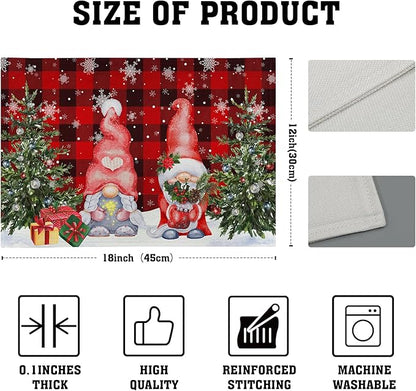 Giwawa Winter Gnomes Placemats Set of 4, Christmas Snowflakes Xmas Trees Linen Table Mats, Red Black Buffalo Plaids Non-Slip Place Mats for Kitchen Dining Holiday Decor, 12x18 Inch