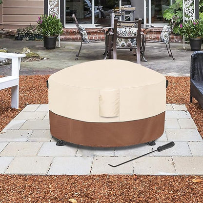Fire Pit Cover,Outdoor Heavy Duty 600D 100% Waterproof Fire Pit Cover Round,Weatherproof Firepit Covers Round 54" Dia x 24" H,Beige & Brown