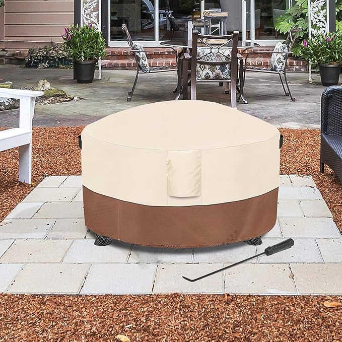Fire Pit Cover,Outdoor Heavy Duty 600D 100% Waterproof Fire Pit Cover Round,Weatherproof Firepit Covers Round 44" Dia x 24" H,Beige & Brown