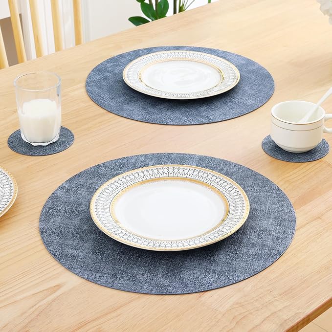 Homaxy Round Faux Leather Placemats and Coasters, Washable Dual-Side Table Mats, Wipeable Heat-Resistant Dining Place Mats for Outdoor and Indoor, Set of 4, Diameter 13 and 3.93 inch, Blue