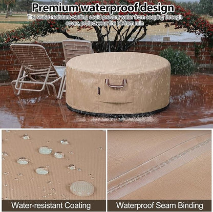 QH.HOME Fire Pit Cover Round-41-44 Inch Heavy Duty 900D Strong Tear-Resistant and UV Resistant and Waterproof and Fading Resistant Material Polyester Firepit Covers Round for Outdoor Fire Pit-Wheat