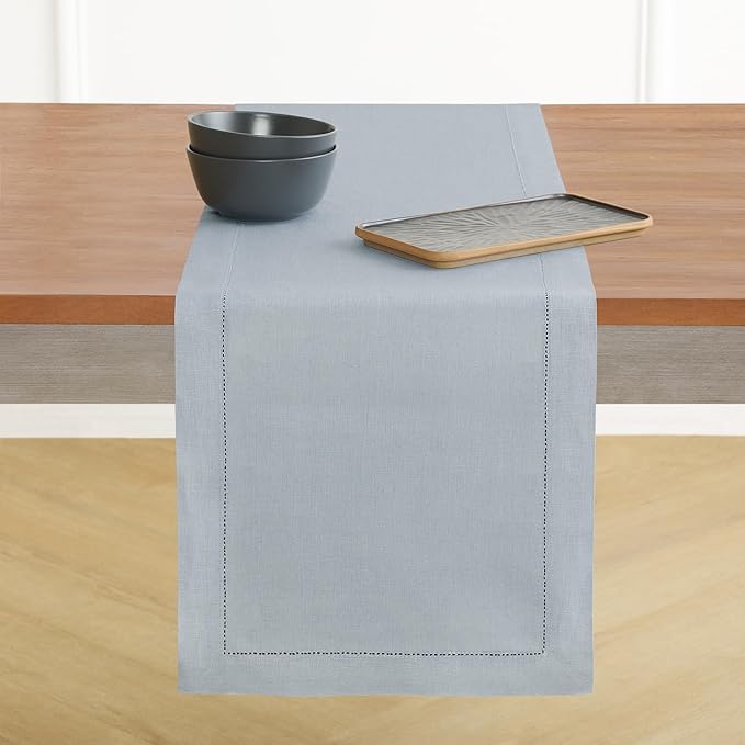 Solino Home Linen Classic Hemstitch Table Runner 132 Inches Long - 100% Pure Linen Dusty Blue Table Runner 14 x 132 Inch for Winter, Spring, Easter