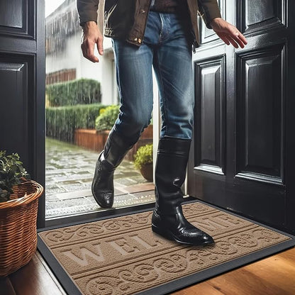 OLANLY Welcome Door Mat Indoor Outdoor Entrance, Heavy Duty Sturdy Front Door Mat, Waterproof All-Weather Doormat, Stain Resistant, Low Profile, Easy Clean Patio Entryway Mat, 47 x 32, Light Brown