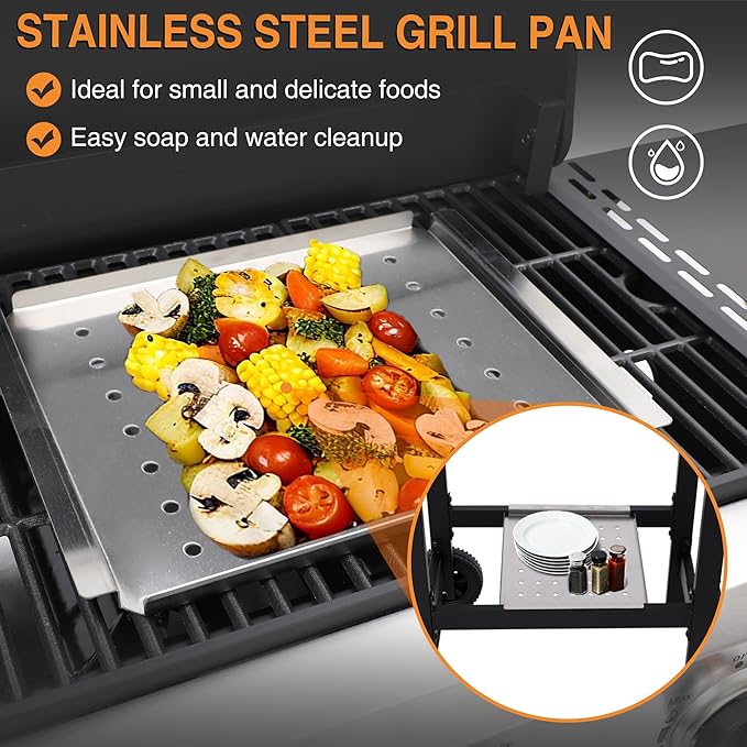 Propane Gas Grill with Folding Side Tables, 3-Burner Gas Grill with Cast Iron Grates and Stainless Steel Griddle Pan, Outdoor BBQ Grill Portable with Wheels 30000 BTU Output