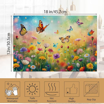 Placemats Set of 6,Colorful Butterfly Table Mats, Flowers Washable Linen Table Mats,Non-Slip Heat Resistant Placemats for Party Kitchen Dining Indoor Outdoor 12"x18"
