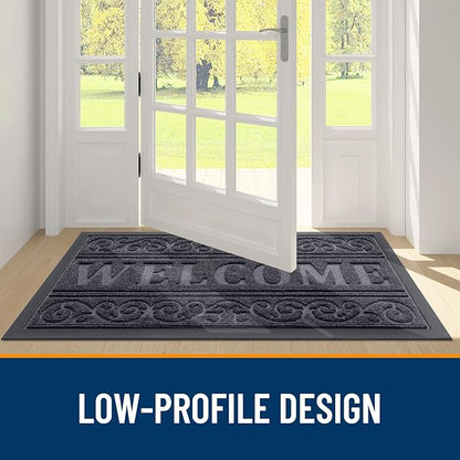 OLANLY Welcome Door Mat Indoor Outdoor Entrance, Heavy Duty Sturdy Front Door Mat, Waterproof All-Weather Doormat, Stain Resistant, Low Profile, Easy Clean Patio Entryway Mat, 47 x 32, Medium Grey