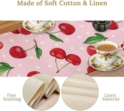 Red Cherry Table Runner, Tropical Fruit Polka Dot Print Table Runner for Birthday Party Dining Room Home Kitchen 13x70in
