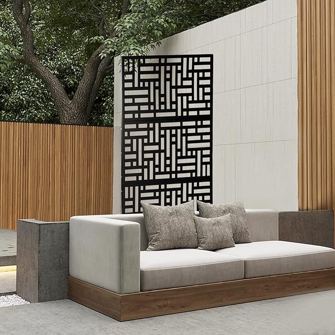 Outdoor Metal Privacy Screen with Stand, 35.4" W x 75" H Freestanding Metal Slatted Decorative Privacy Screen and Panels for Patio Garden Balcony Porch (Black A)