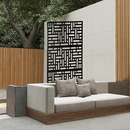 Outdoor Metal Privacy Screen with Stand, 35.4" W x 75" H Freestanding Metal Slatted Decorative Privacy Screen and Panels for Patio Garden Balcony Porch (Black A)