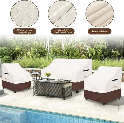Patio Furniture Covers,3 Piece Heavy Duty Waterproof Outdoor Furniture Cover,Outdoor Furniture Covers for Patio Furniture,Includes 2 Patio chair covers 30in and 1 Patio loveseat cover 58in,Beige