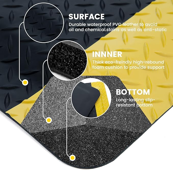 2' x 3' ESD Anti-Fatigue Conductive Mat, Durable Heavy Duty Diamond Plate, Non Slip Waterproof Floor Mats for Commercial&Industrial Work, Thick 3/4” with Yellow Border