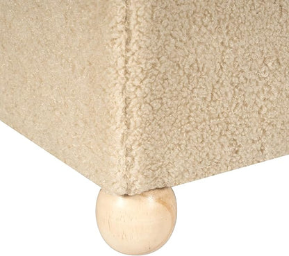 Adeco 17 Inch Soft Oatmeal Cube Ottoman Storage, Teddy Velvet Chair Foot Stools, Upholstered Vanity Stool with Hinged Lid, Solid Round Wood Legs