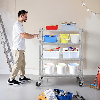 Finnhomy 4 Tier Heavy Duty Commercial Grade Rolling Cart with Handle Bar, Metal Wire Utility Cart with Wheels, Service Trolley on Wheels, Shelf Size 18" D x 30" W, NSF Listed, Chrome