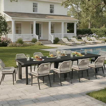 PURPLE LEAF 11 Pieces Patio Dining Set Aluminum Oversize Rectangular Table and Wicker Chairs with Cushions for Kitchen Porch Garden Modern Outdoor Furniture Sets, Dark Grey