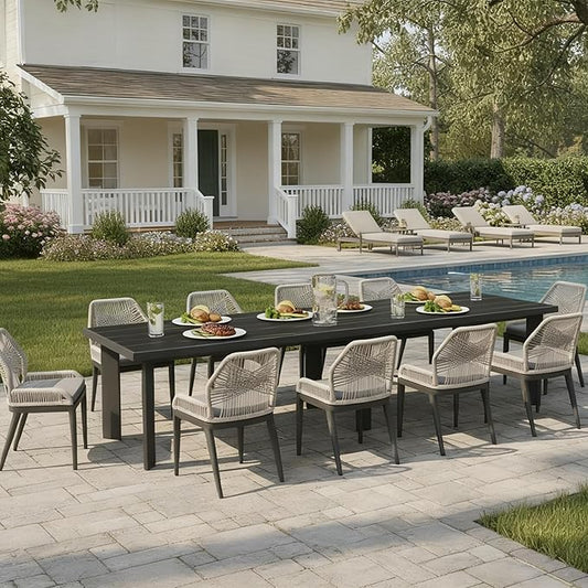 PURPLE LEAF 11 Pieces Patio Dining Set Aluminum Oversize Rectangular Table and Wicker Chairs with Cushions for Kitchen Porch Garden Modern Outdoor Furniture Sets, Dark Grey