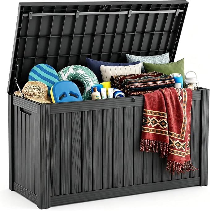 230 Gallon Large Outdoor Storage Box, UV Resistant Resin Deck Box, Hydraulic by KFY