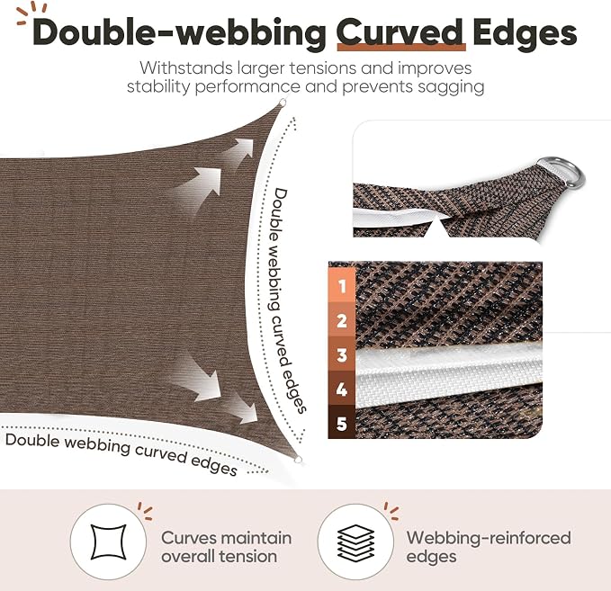Quictent Sun Shade Sail for Patio w/Hardware Kit 185GSM 24x24ft Brown | Square - Image 6