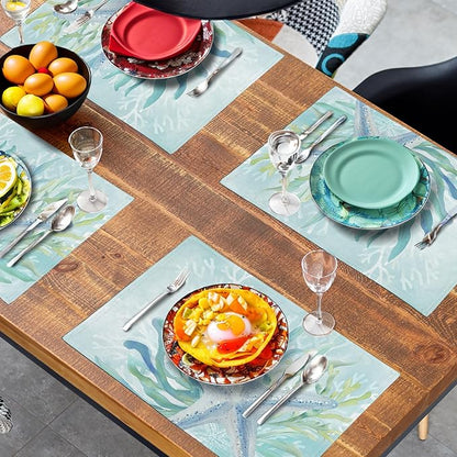 Nautical Coastal Placemats Set of 4 Ocean Coral Starfish Seagrass Beach Theme Table Mat 12x18 Inch Teal Turquoise Blue Summer Linen Fabric Place Mats for Party Kitchen Dining Outdoor Indoor Decor