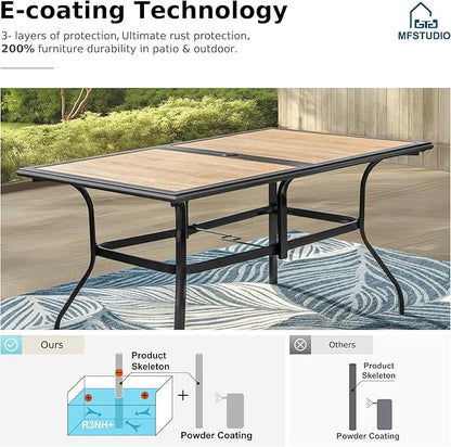 MFSTUDIO Outdoor Patio Dining Table for 6, Rectangular Furniture Table with Metal Frame and Immitation Wood Top, Outdoor Deck Backyard Garden Table with Umbrella Hole
