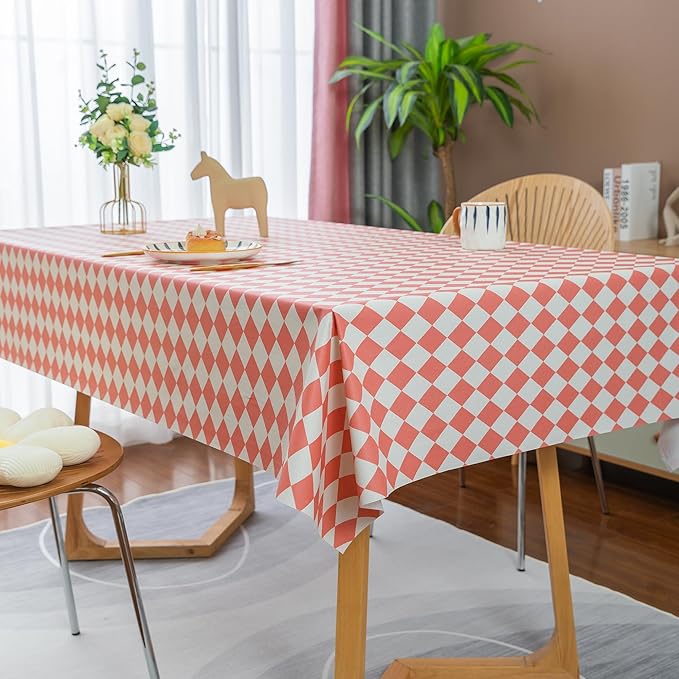 Rectangle Table Cloth,100% Waterproof Tablecloth Oil Proof Spill Proof Vinyl Table Cloth, Wipe Clean Plastic Table Cover for Dining, Camping, Indoor and Outdoor 54" x 120",Pink Checkered